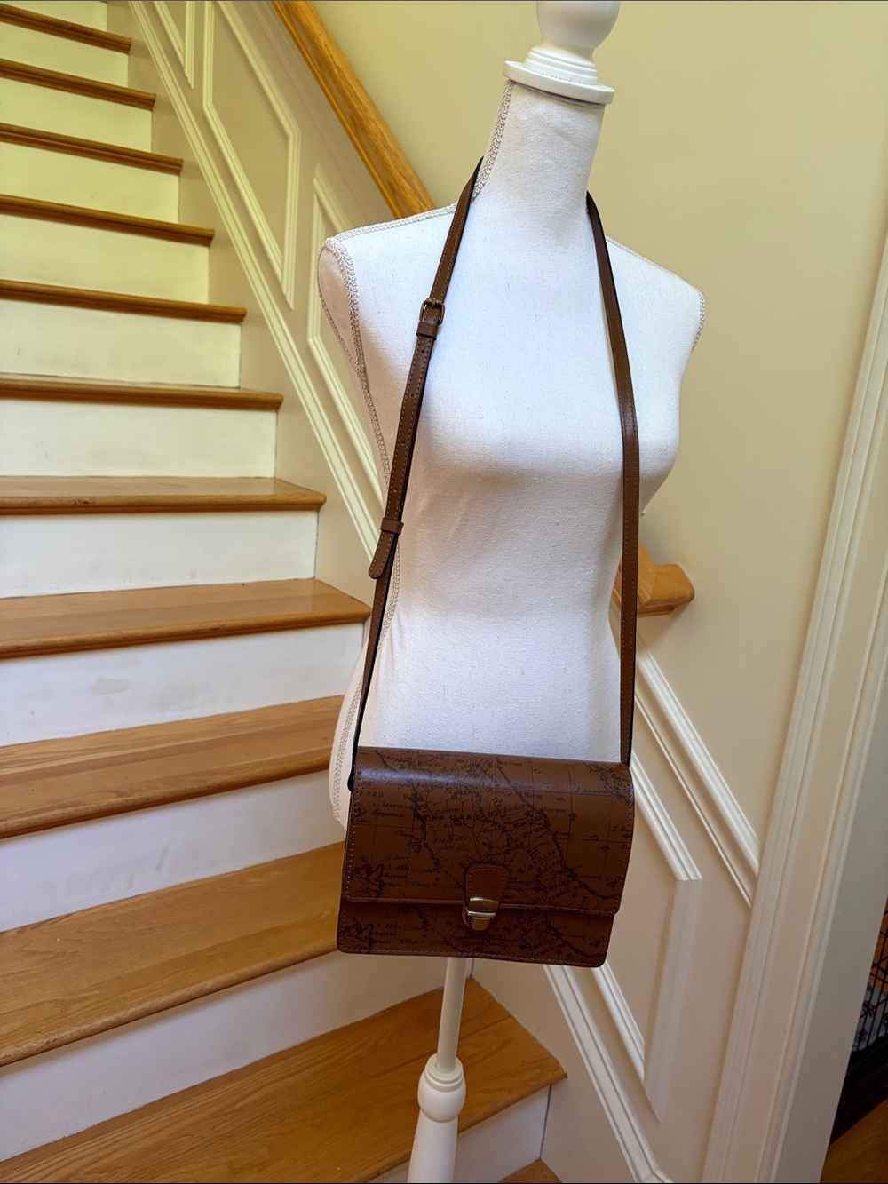 Patricia Nash Tan Brown Map-Print Leather Messenger Crossbody - Picture 2 of 8